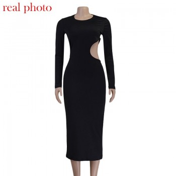 Black Cut Out Round Neck Long Dress Women Elegant Long Sleeve